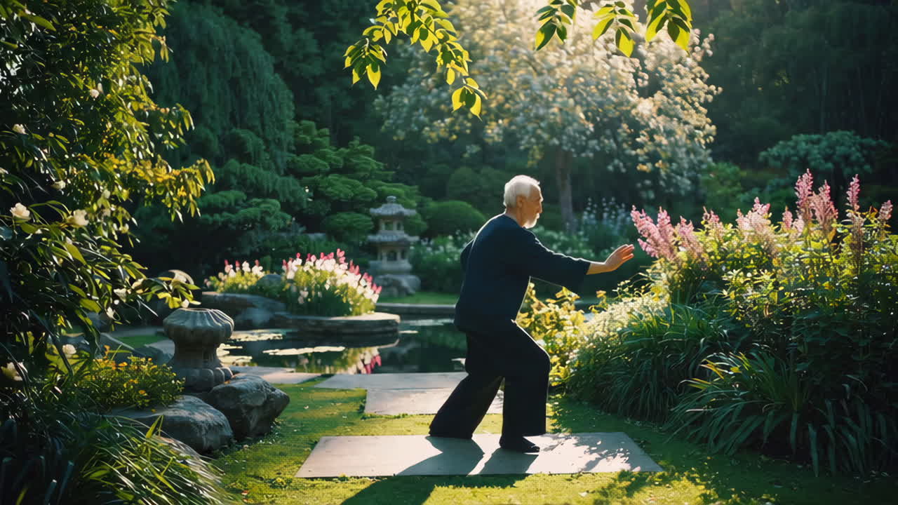Senior Practicing Tai Chi in a Beautiful Garden