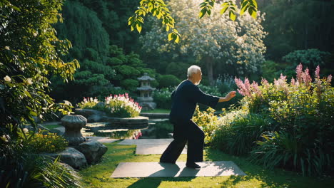 senior practicing tai chi in a beautiful garden
