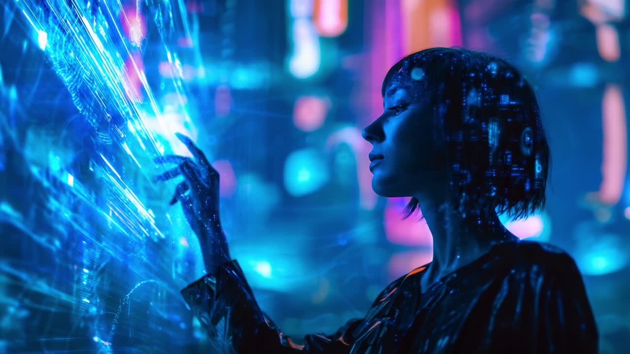 A futuristic silhouette interacts with a luminous digital interface, surrounded by vibrant colors and dynamic patterns, evoking themes of technology, connectivity, and innovation