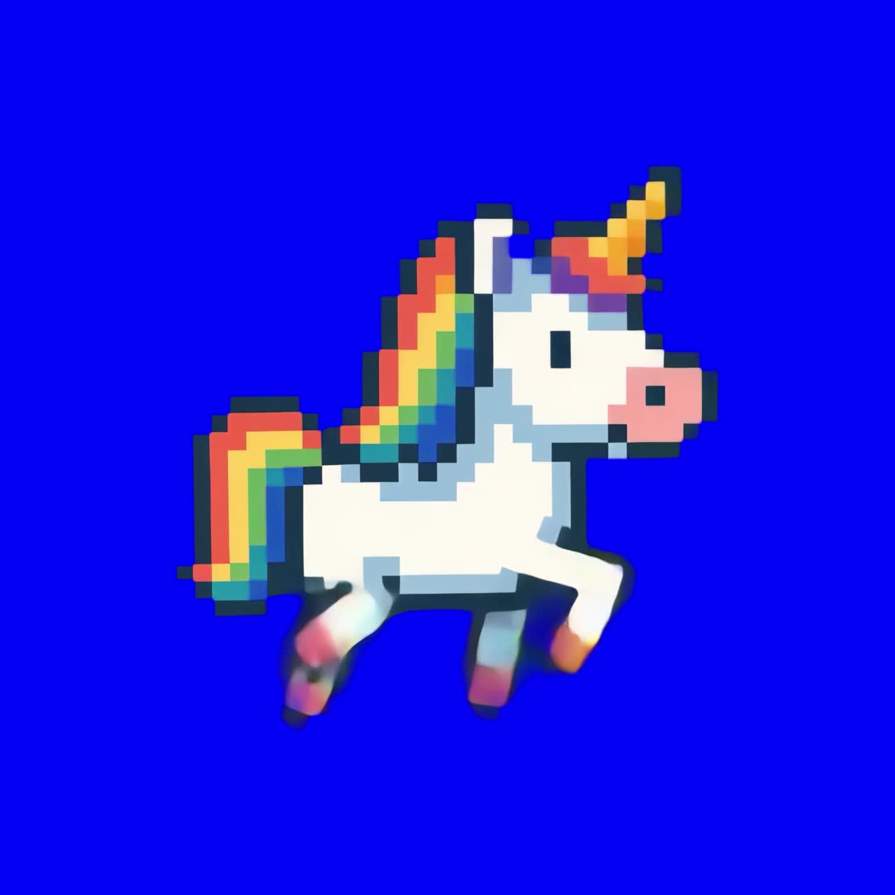 Pixelated unicorn with rainbow mane animation, transparent 4K video, green screen