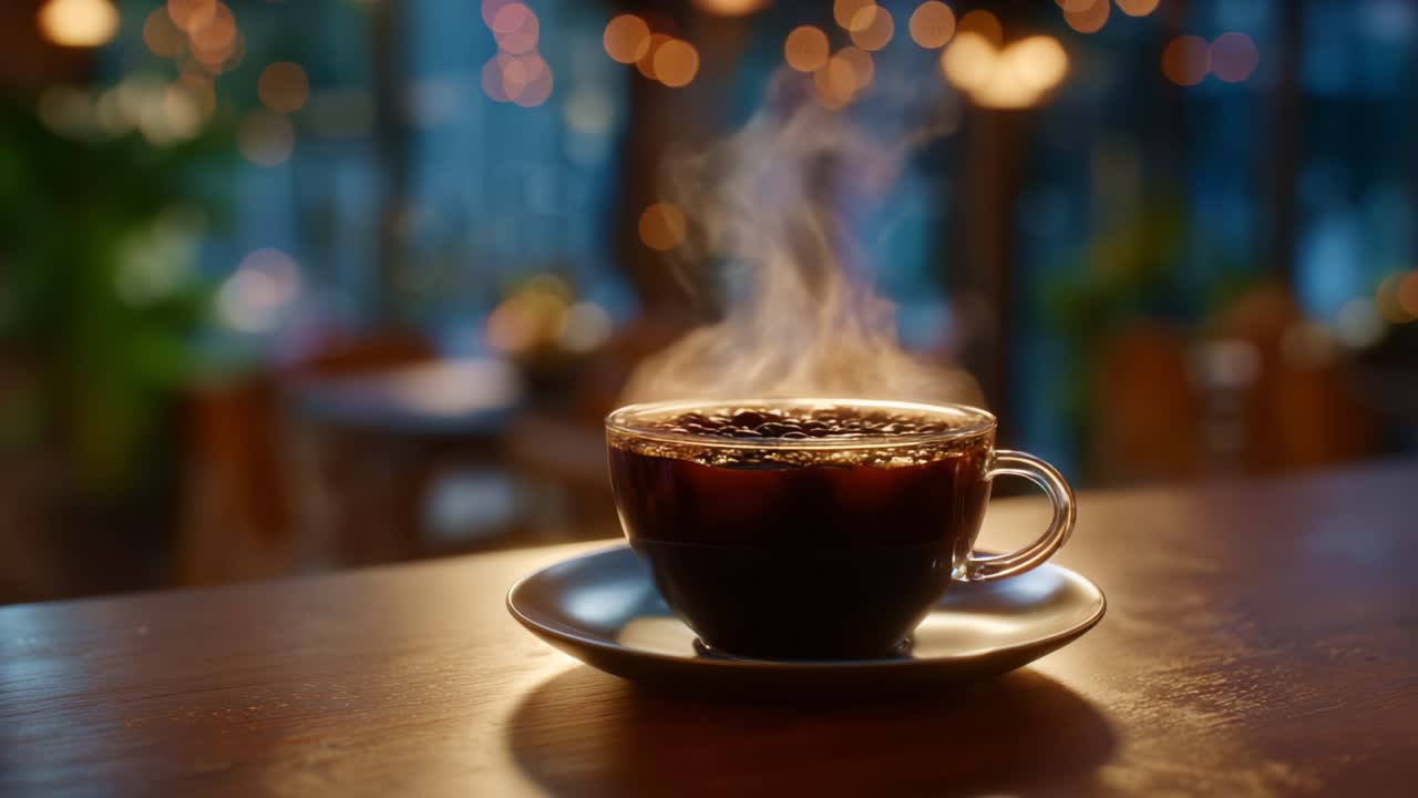 Tazza di caffè fumante su un tavolo con sfondo bokeh sfocato, preparazione e inquadratura perfette, aroma invitante e calore avvolgente per momenti di relax