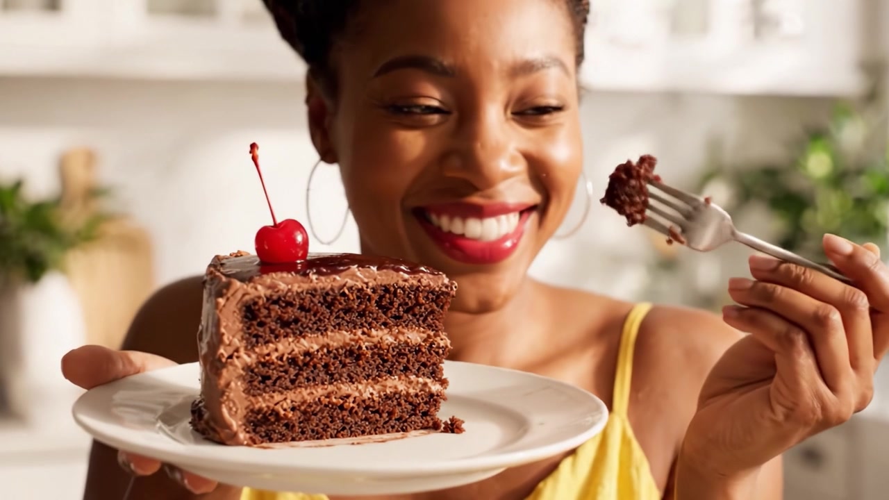 Joyeuse célébration de la vie : Une femme savoure avec enthousiasme une délicieuse part de gâteau au chocolat avec une cerise sur le dessus, capturant la douceur des moments quotidiens