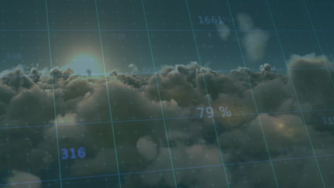 Sonnenaufgang, der ein Gitter-Overlay auf Wolken einblendet, während sich numerische Anzeigen zur Datenvisualisierung aktualisieren.