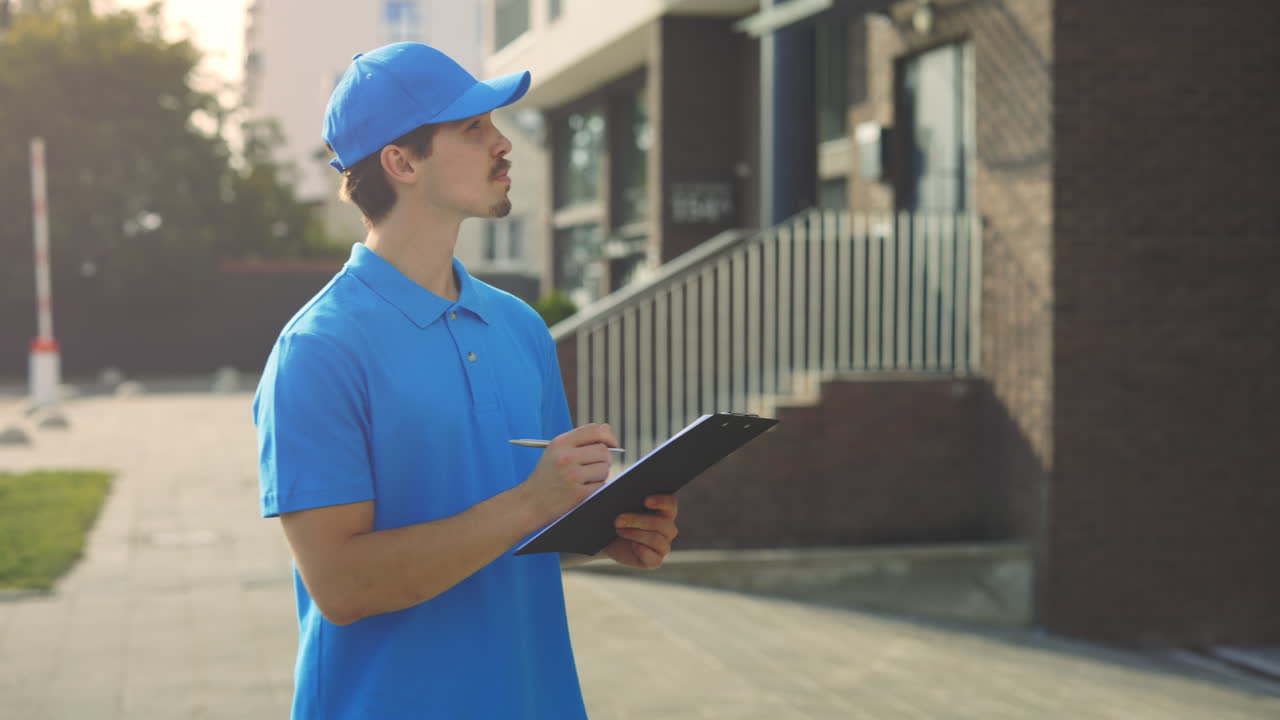 Delivery Person Taking Notes at Residential Home