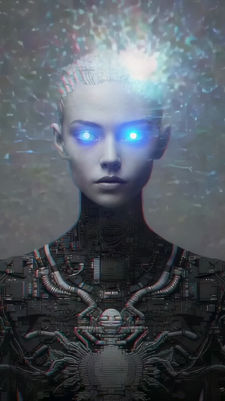 Vertical video: Glitching, android glowing blue eyes emitting pixels obscuring wiring in studio