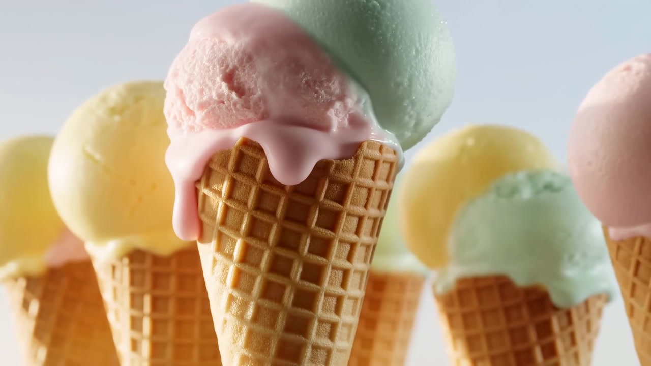 Close-up van pastelkleurige ijshoorntjes met druipende bolletjes, wafeltextuur, zachte studiolicht en slow motion