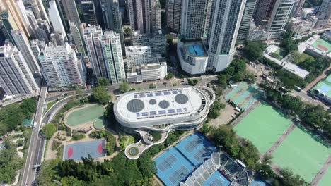 Aerial-view-of-Hong-Kong-waterfront-skyscrapers-and-coastline