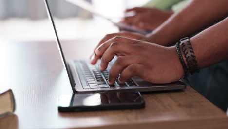 laptop, keyboard or typing man hands doing online