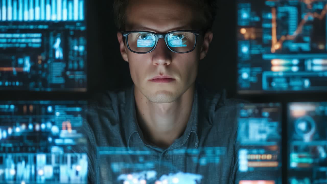 Focused Data Analyst Analyzing Complex Digital Interfaces with Detailed Graphs and Metrics in a Dimly Lit Environment, Highlighting Analytical Skills and Technology Proficiency