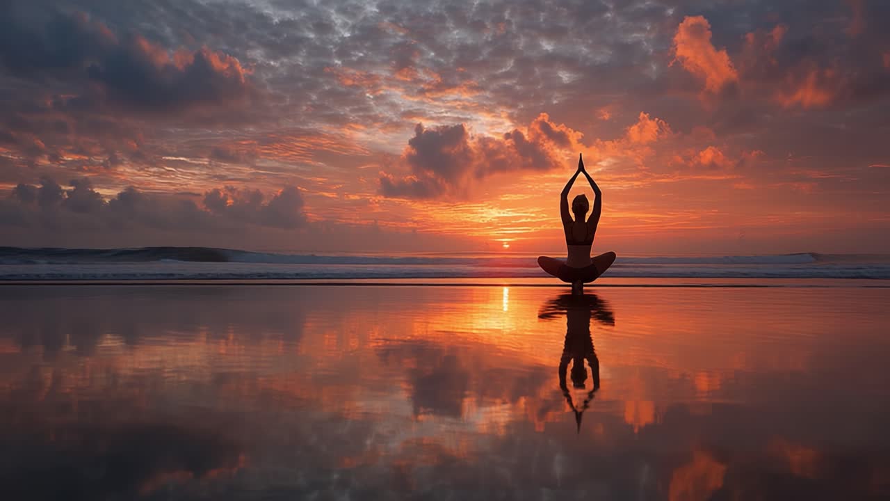 Serene Sunset Meditation: A Silhouette Practicing Yoga by the Tranquil Seashore, Embracing Calmness and Reflection Amidst Vibrant Sky Colors