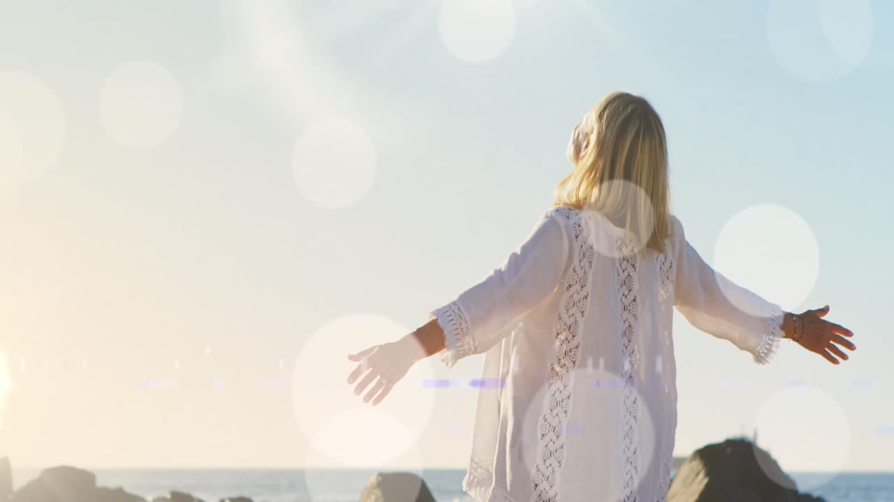 팔을 펴고 있는 장애인 백인 여성 위에 빛의 반점들의 애니메이션