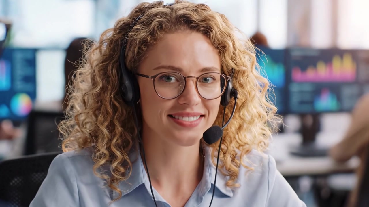 Experiência de Cliente Envolvente: Um Profissional Sorridente Oferecendo Suporte com Confiança e Expertise Num Ambiente de Escritório Dinâmico
