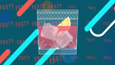 animación de vaso de cóctel sobre texto de neón de fiesta y formas parpadeantes
