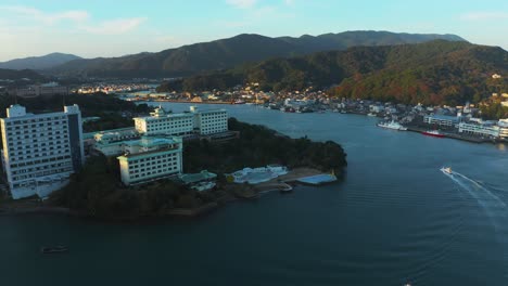 island resort and toba bay in mie japan, aerial pan shot over landscape of japan