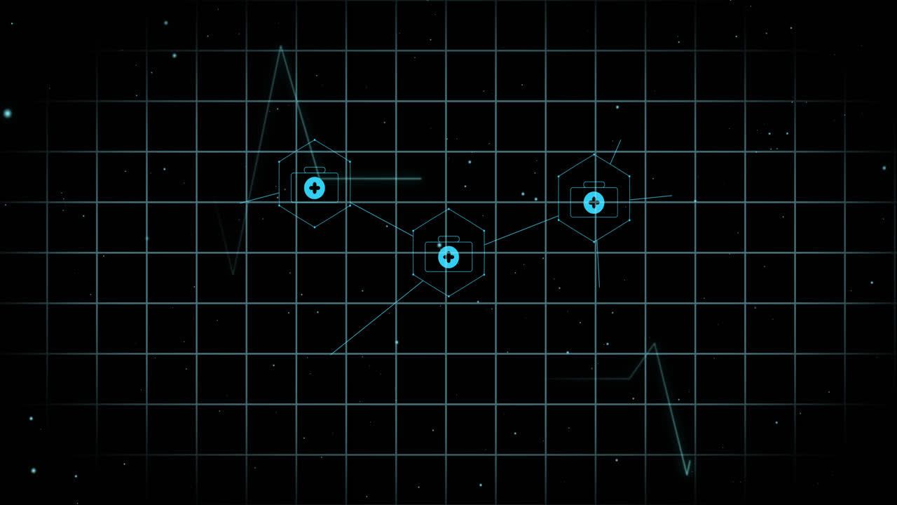 animación de iconos médicos y cardiógrafo sobre fondo negro