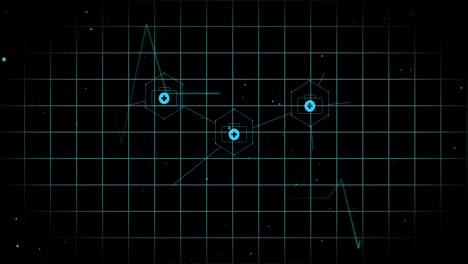 Animation-Von-Medizinischen-Symbolen-Und-Kardiographen-Auf-Schwarzem-Hintergrund