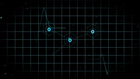 Animation of medical icons and cardiograph on black background