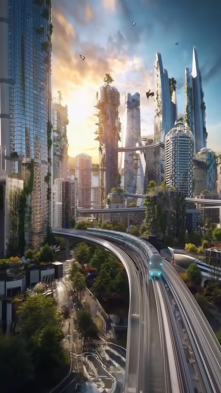 Futuristic cityscape with a train, shot from a high angle, ideal for a sci-fi video