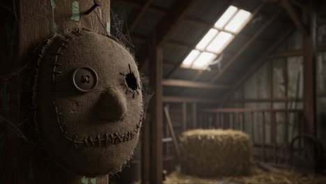 an eerie attic scene featuring a distressed scarecrow doll with button eyes and a missing stitch, set against a rustic haystack background in dim lighting
