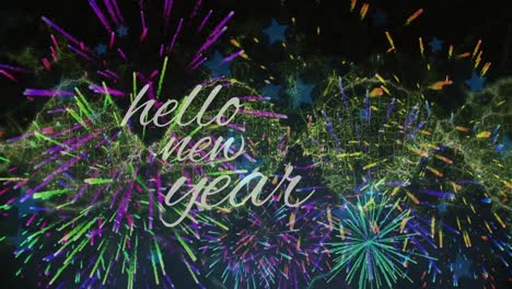 Animation-of-hello-new-year-over-fireworks-and-yellow-moving-waves-on-black-background