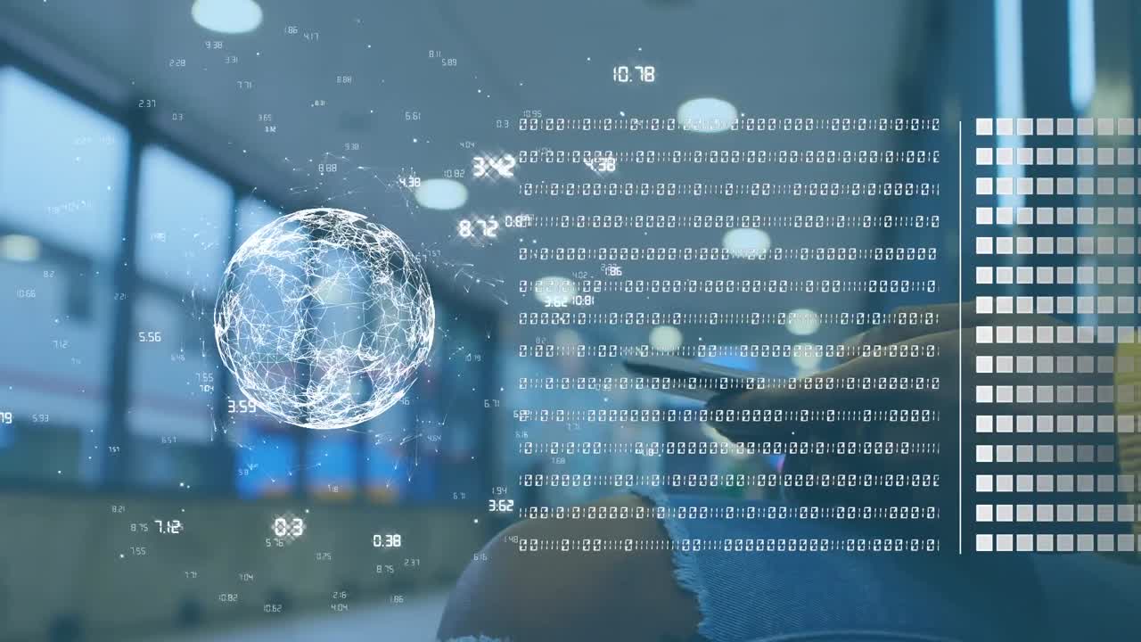 Animation of data processing and globe over biracial businesswoman using smartphone