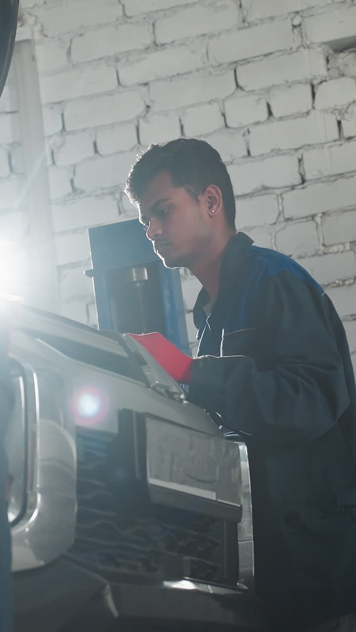 dos mecánicos trabajan en un coche negro en el taller, uno arregla el motor mientras el otro observa, la luz del sol brilla a través, creando una iluminación dramática, los técnicos enfocados usan uniformes azules y guantes