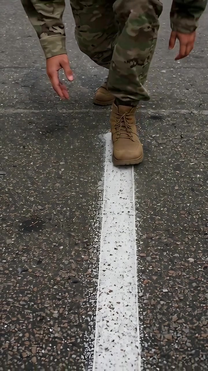 Vertical video: Leaning forward soldier in camo tan boots walking white line on roadway balancing