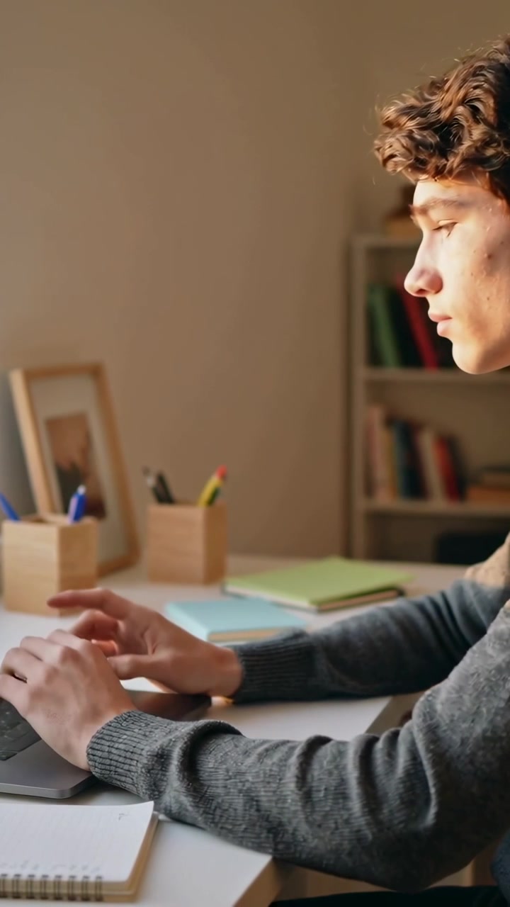 Vertical video: Typing student wearing sweater and headset at home study, using laptop and notebook