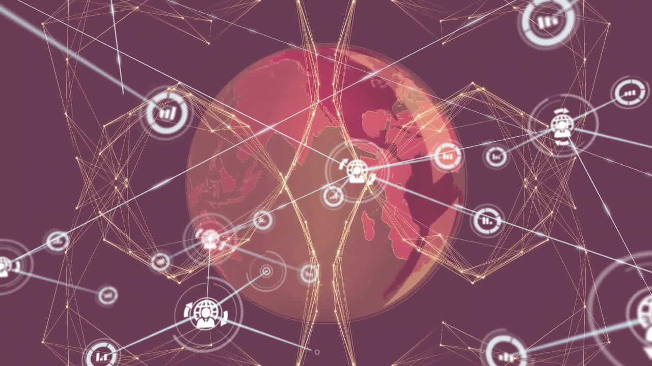 Animazione di una rete di connessioni con icone sul mappamondo su sfondo viola