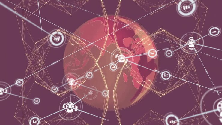 Animation of network of connections with icons over globe on purple background