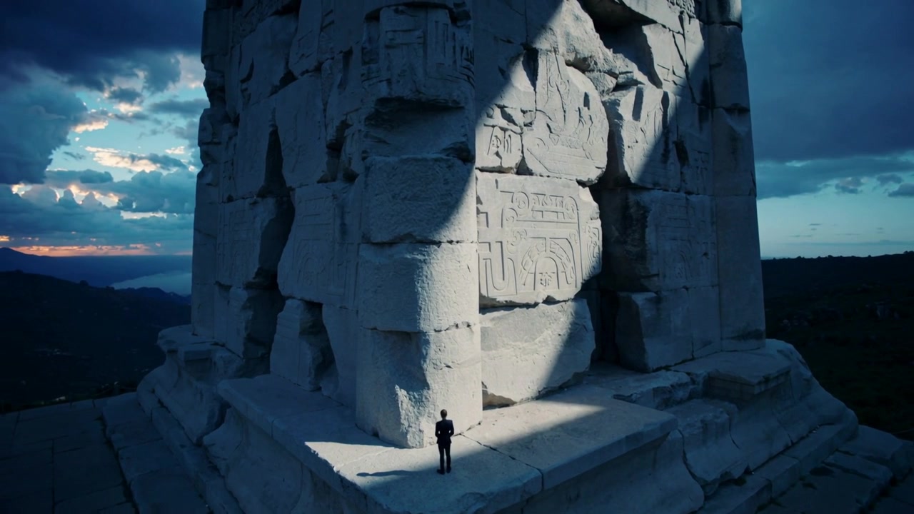 Inquadratura ampia che mostra un uomo in cappotto scuro in piedi su uno sperone roccioso vicino a un monumento, la luce del sole ne evidenzia le dimensioni.
