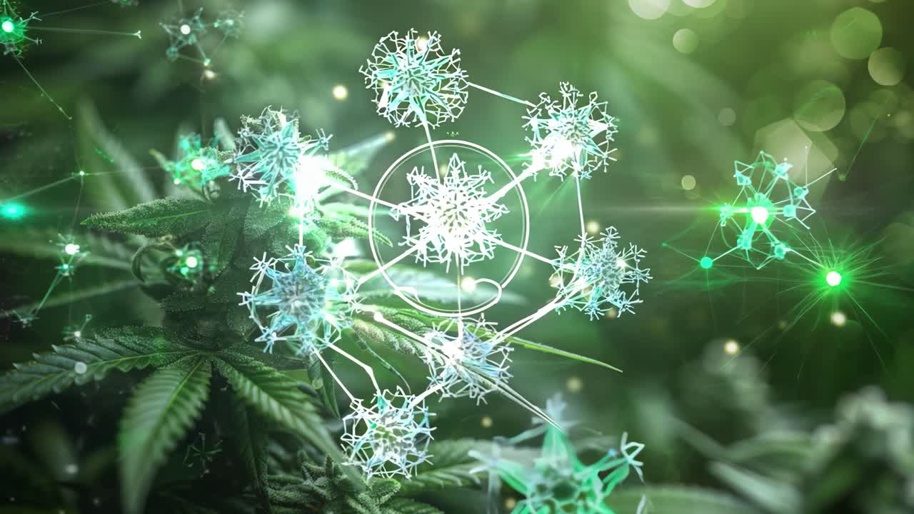 A close up of a marijuana plant with a bunch of chemical symbols surrounding it. Concept of scientific curiosity and exploration, as if the viewer is looking at the plant from a molecular perspective