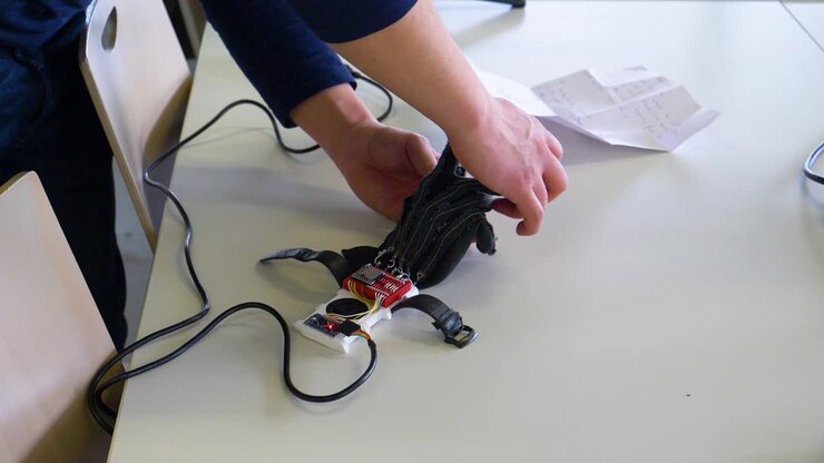 Ingegnere che lavora a un guanto tecnico che permette alle persone di parlare