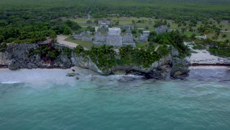 Tulum-Mexico,-Aerial-View,-Caribbean-Sea,-Mar-Caribe,-Archeological-Zone