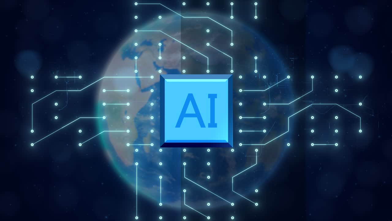 Futuristic AI Activation: Glowing Blue World Globe with Circuitry and Technology Elements