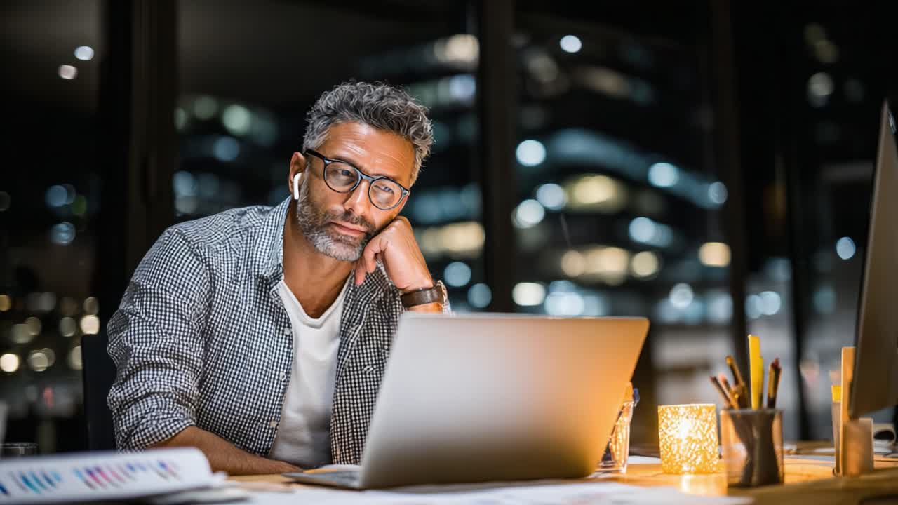 Focused Man Working Late at Night on Laptop in a Modern Office with City Lights, Capturing the Essence of Commitment and Productivity