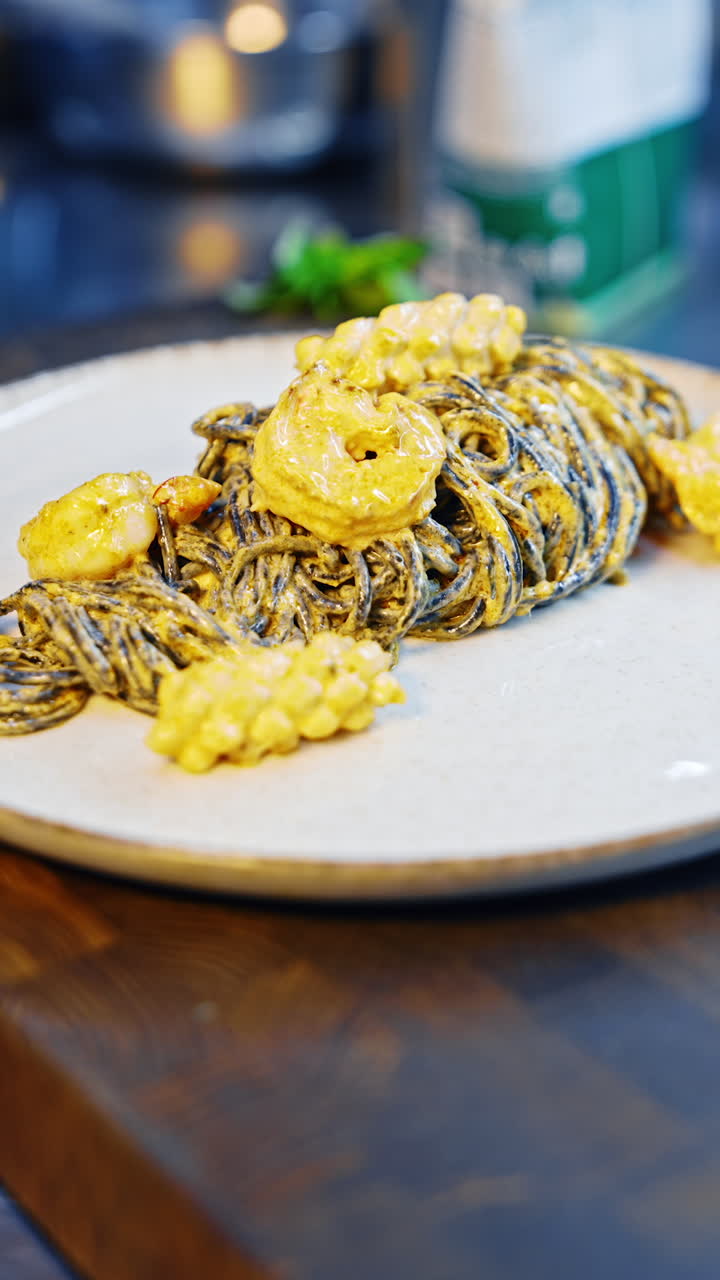 Dark spaghetti thickly covered with the sauce on the plate. Cook puts the cooked seafood on top of pasta. Close up. Vertical video.