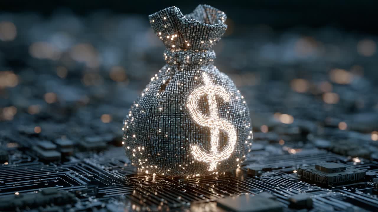 A Sparkling Money Bag Dazzles Against a Digital Circuitry Background, Perfectly Capturing the Intersection of Finance and Technology in a Futuristic Vision