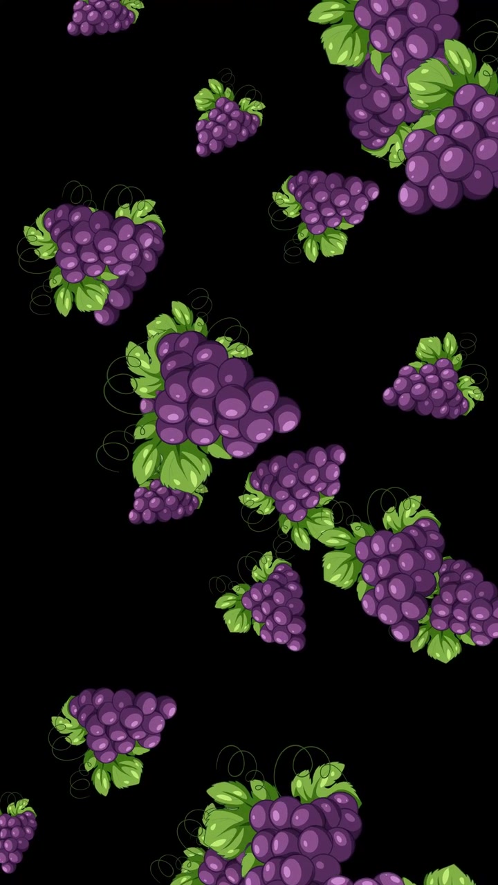 Grappoli d'uva viola stilizzati cadono verticalmente attraverso un vuoto nero in un ciclo continuo