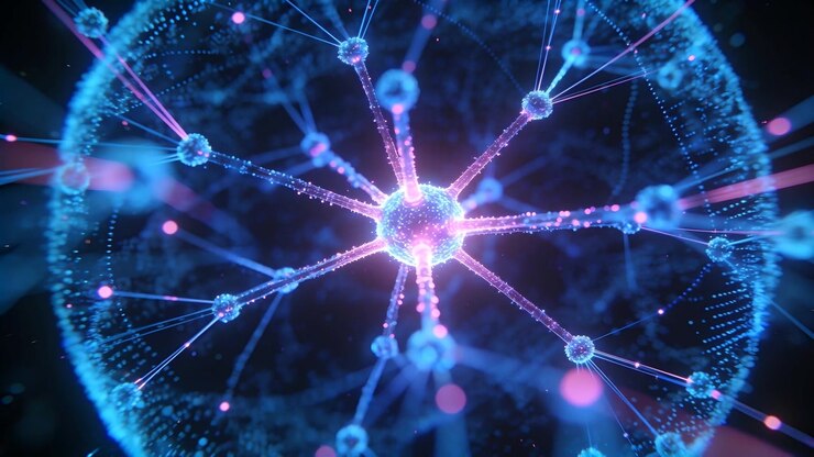 Nucleo pulsante in loop che invia e riceve punti lungo filamenti nello spazio, mostrando il flusso di rete.
