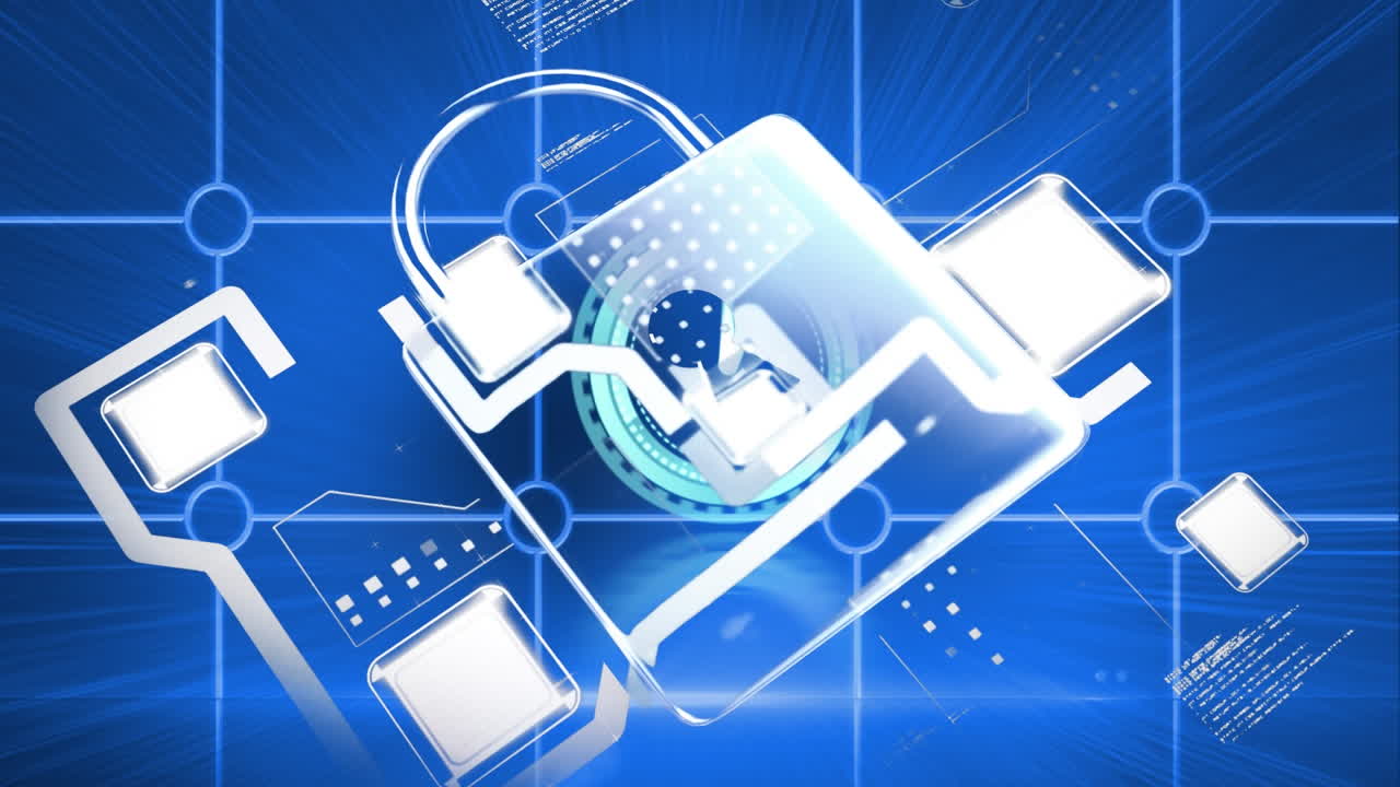 파란색 배경 위에 컴퓨터 회로판과 데이터 처리와 함께  ⁇ 락의 애니메이션