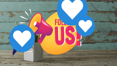 animation of follow us text, megaphone and heart icons over flag of australia and pencils in box