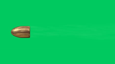 a close up, slow motion, shot of a bullet flying through the air with a smoke trail., over a green screen.