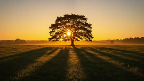 a majestic tree silhouetted against a glorious sunrise, casting long shadows over a tranquil meadow in the early morning light