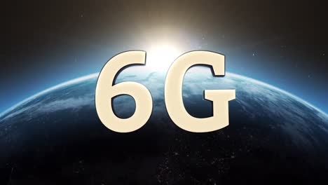 animación de texto de 6g en letras doradas sobre el globo giratorio y la salida del sol vista desde el espacio