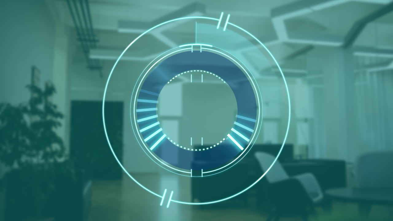 Animazione di interfaccia digitale futuristica su interni di ufficio moderno con arredamento