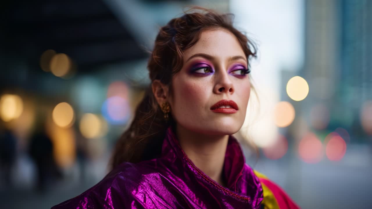 A Captivating Portrait of a Fashionable Woman with Vibrant Makeup and Colorful Apparel against a Blurred City Background, Exuding Confidence and Style