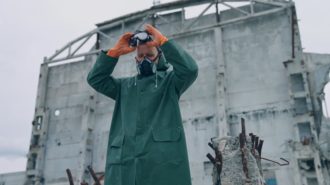 Man with mask in polluted environment. Destroyed place after catastrophe with man in gas mask