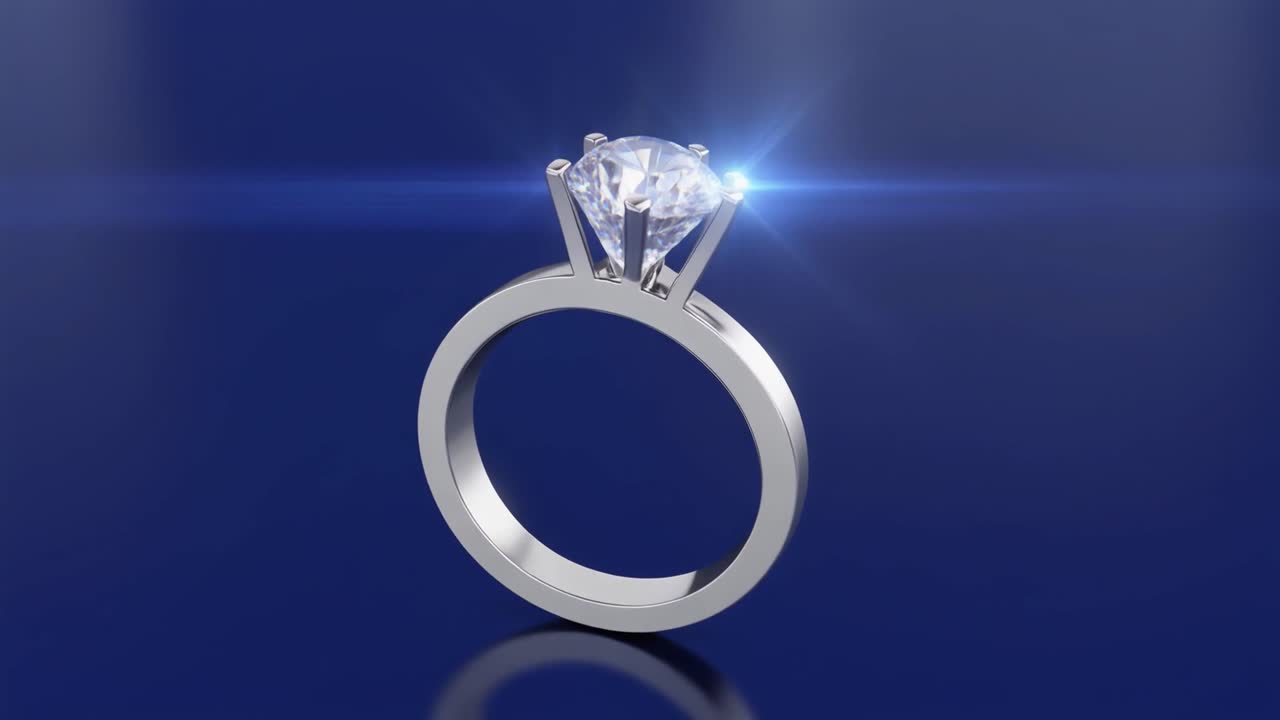 Anello di fidanzamento con diamante scintillante che ruota su sfondo blu