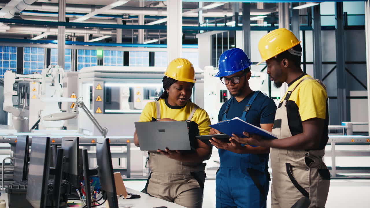 Vertical Video Group of black employees at the solar panels factory reviewing data